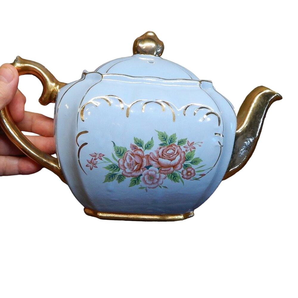 Charming Vintage Nasco Sky Blue w/Gold Leaf Teapot